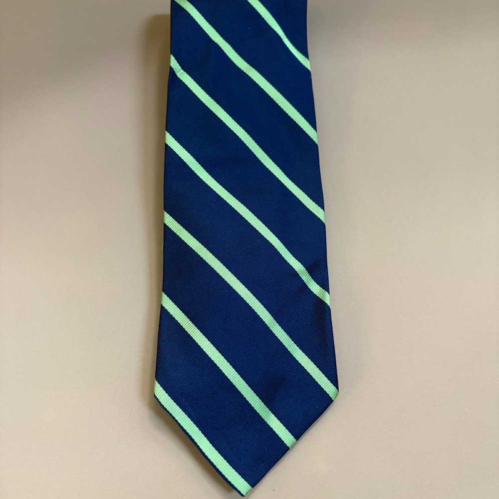 Brooks Brothers Makers Silk Tie Mens Navy Blue Lime Green Striped Made in USA